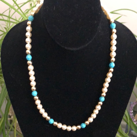Combined gold filled, creamy Pearl, and faceted turquoise beads in triple wrap. - Picture 3 of 3